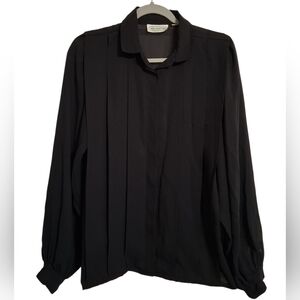 VINTAGE NEIL MARTIN BLACK SHEER LONG SLEEVE BUTTON-UP PLEATED BLOUSE SIZE L